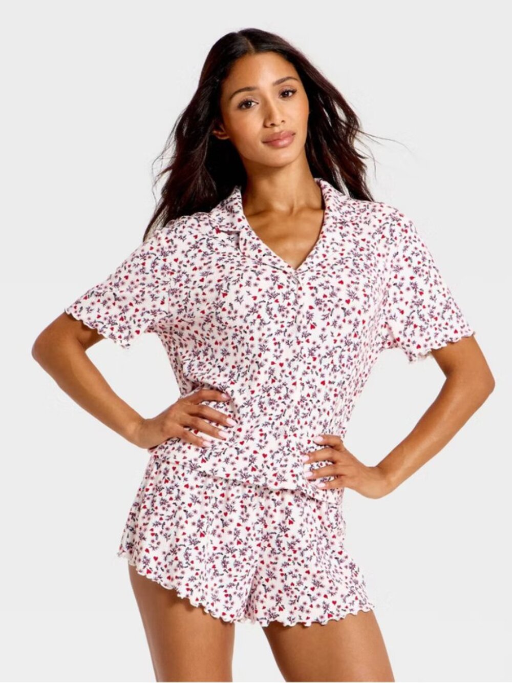 Pointelle Notch Collar Shirt and Shorts Pajama Set - Wild Fable Cream Floral L